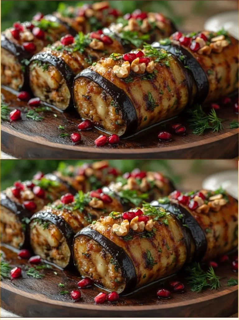 Rollos de berenjena rellenos preparados con ingredientes frescos y saludables.