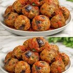 Plato de albóndigas de berenjena con salsa de tomate fresca