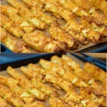 Palitos de calabacín horneados crujientes y saludables en un plato.