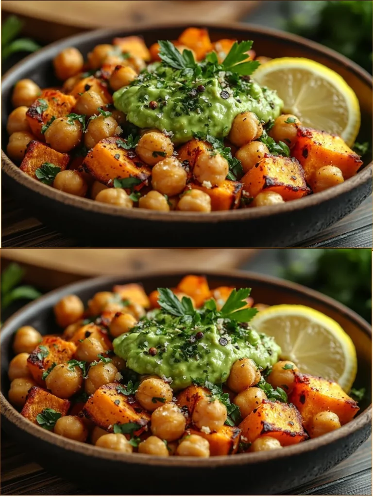 Plato de batatas dulces y garbanzos asados, nutritivo y sabroso.