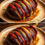 Berenjenas al horno recién hechas con especias y queso gratinado