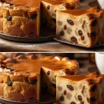 Delicioso Budín de Pan casero servido en un plato blanco.