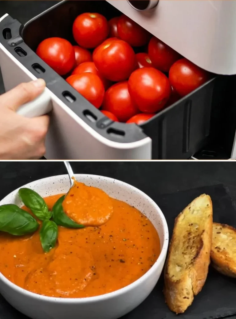 Sopa de tomate fácil y acogedora preparada en una air fryer.