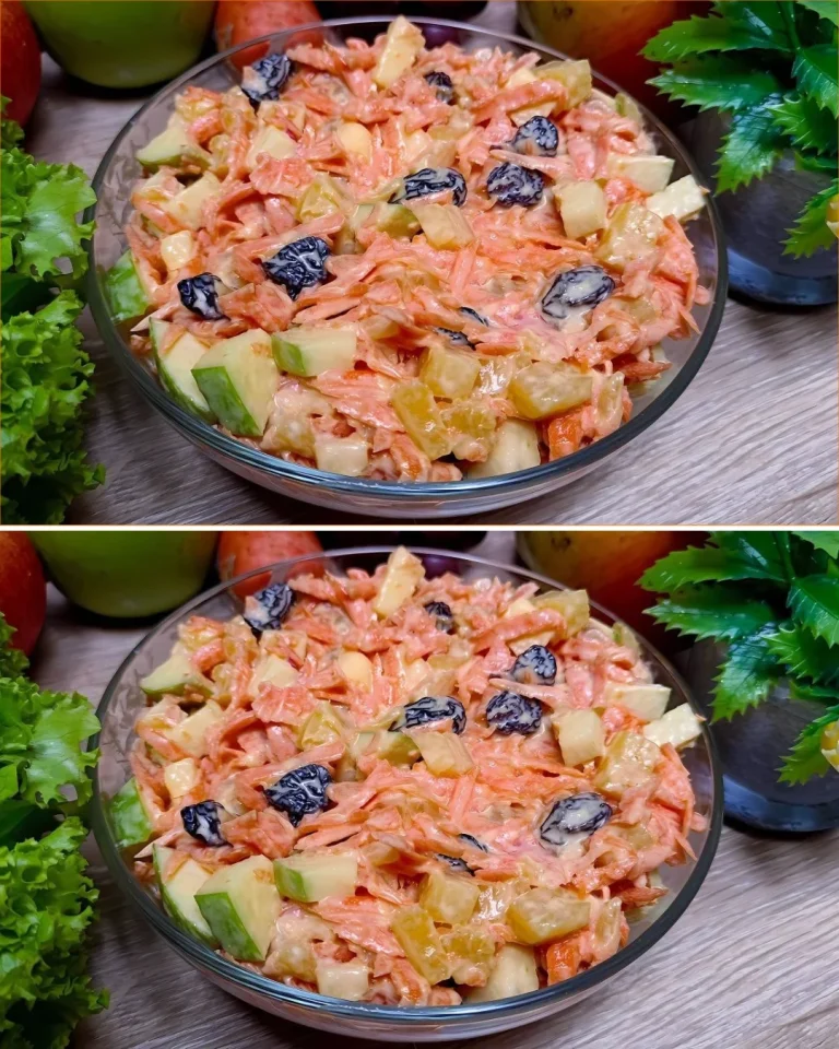 Ensalada de zanahoria con piña y manzanas en un plato colorido