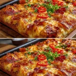 Focaccia a la pizza recién horneada, dorada y deliciosa con ingredientes frescos
