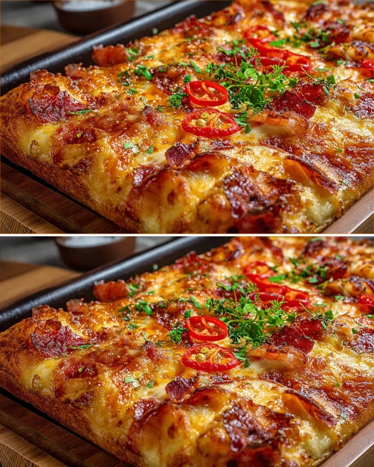 Focaccia a la pizza recién horneada, dorada y deliciosa con ingredientes frescos