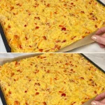 Horneado de papas y verduras frescas en una bandeja de horno