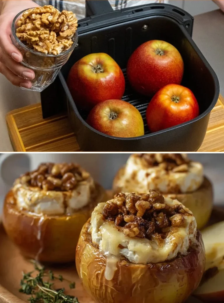Manzanas rellenas calientes con camembert derretido y nueces, cocinadas en freidora de aire