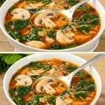 Sopa de champiñones con espinacas en un tazón