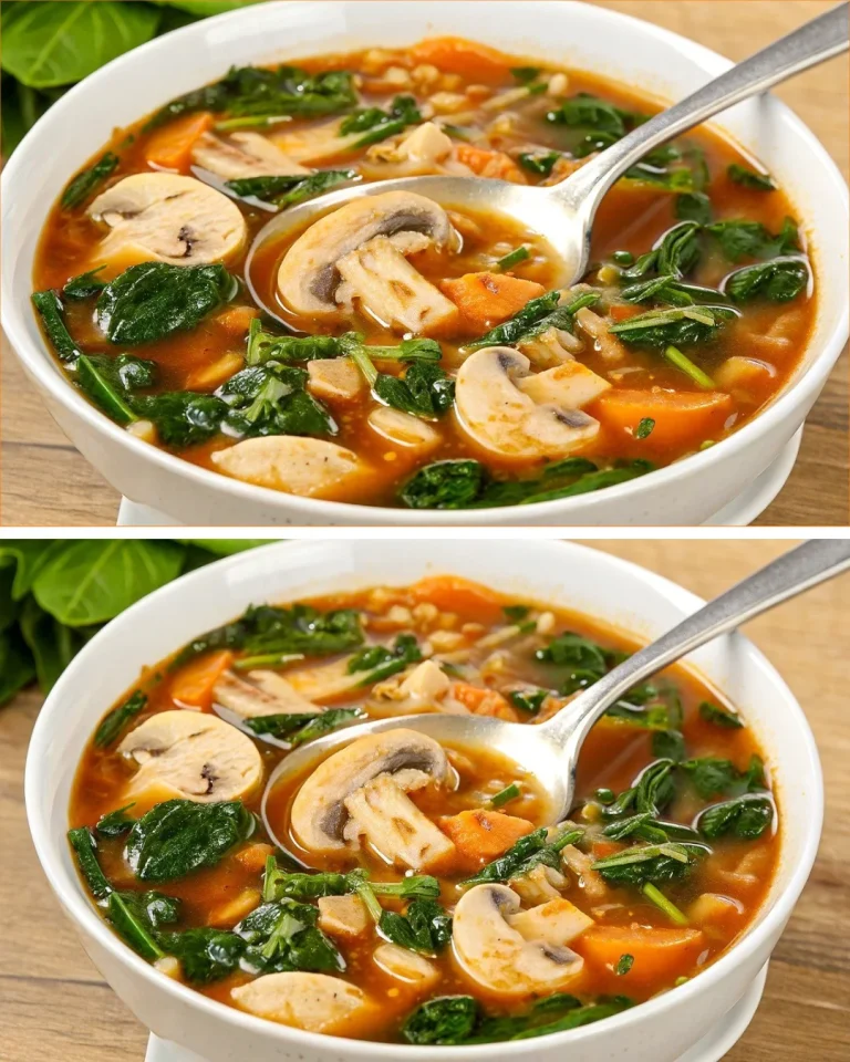 Sopa de champiñones con espinacas en un tazón