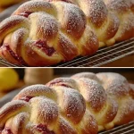 Pan de Pascua Relleno decorado con frutas y nueces, un postre navideño tradicional.