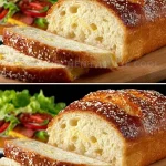 Rebanadas de pan de yogur griego recién horneado en una mesa