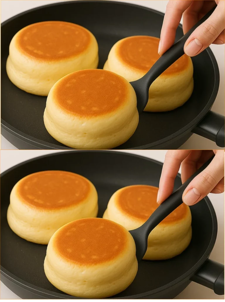 Imagen de pancakes japoneses esponjosos servidos con sirope y frutas.