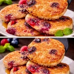 Panqueques de avena y arándanos servidos con miel y frutas frescas
