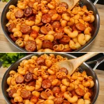 Plato de pasta de salchicha rápida en salsa de tomate