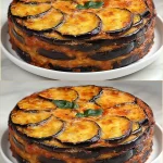 Pastel de Berenjenas recién horneado, presentación apetecible y colorida.