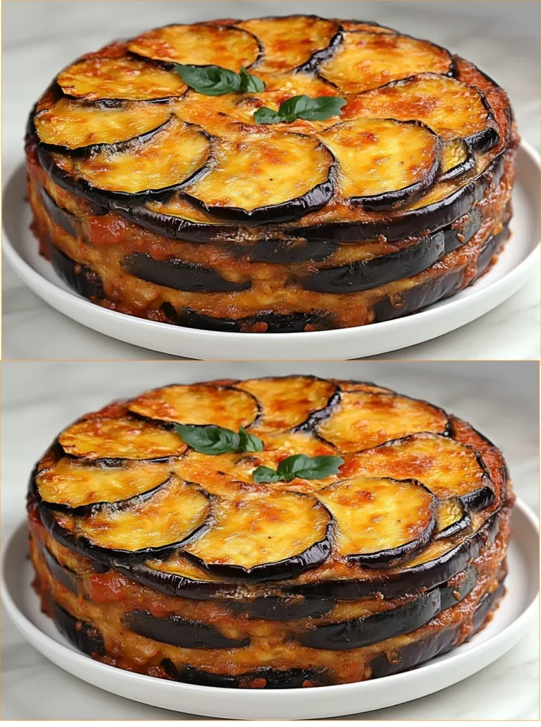 Pastel de Berenjenas recién horneado, presentación apetecible y colorida.