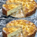 Pastel de manzana recién horneado, decorado con manzanas caramelizadas.