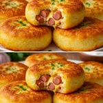 Patties de papa con salchichas recién horneados y dorados
