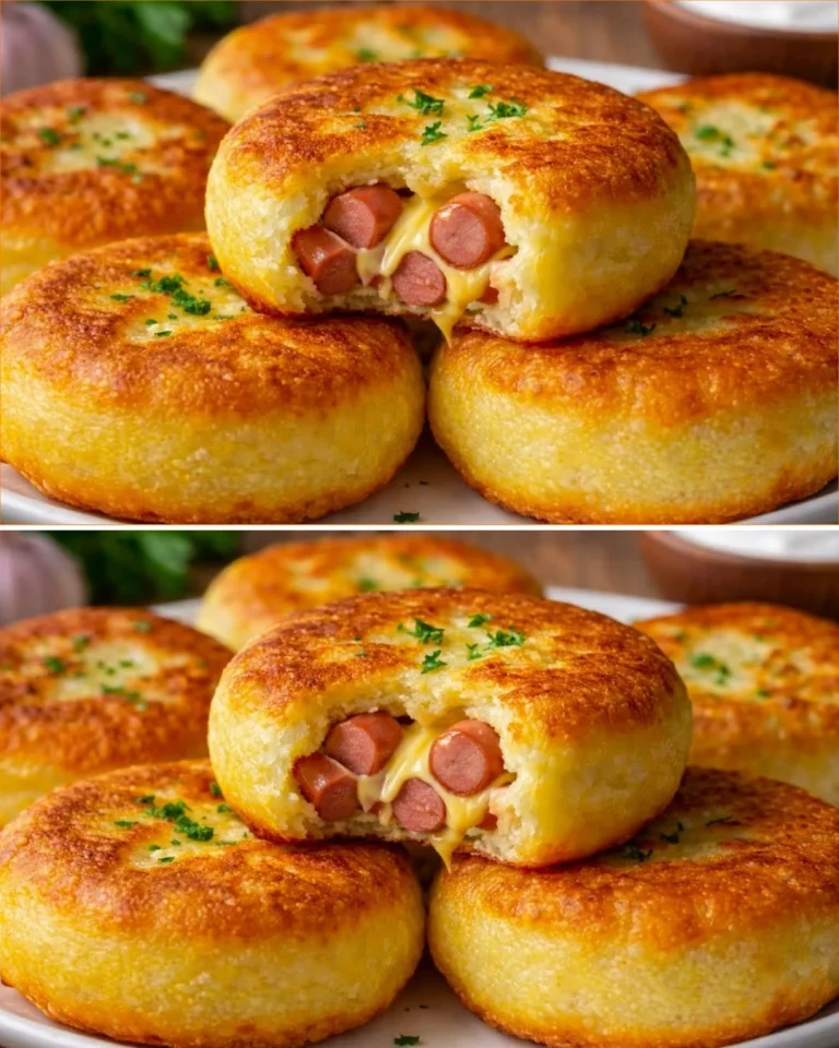 Patties de papa con salchichas recién horneados y dorados