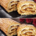 Imagen del pudín enrollado perfecto decorado con frutas y crema