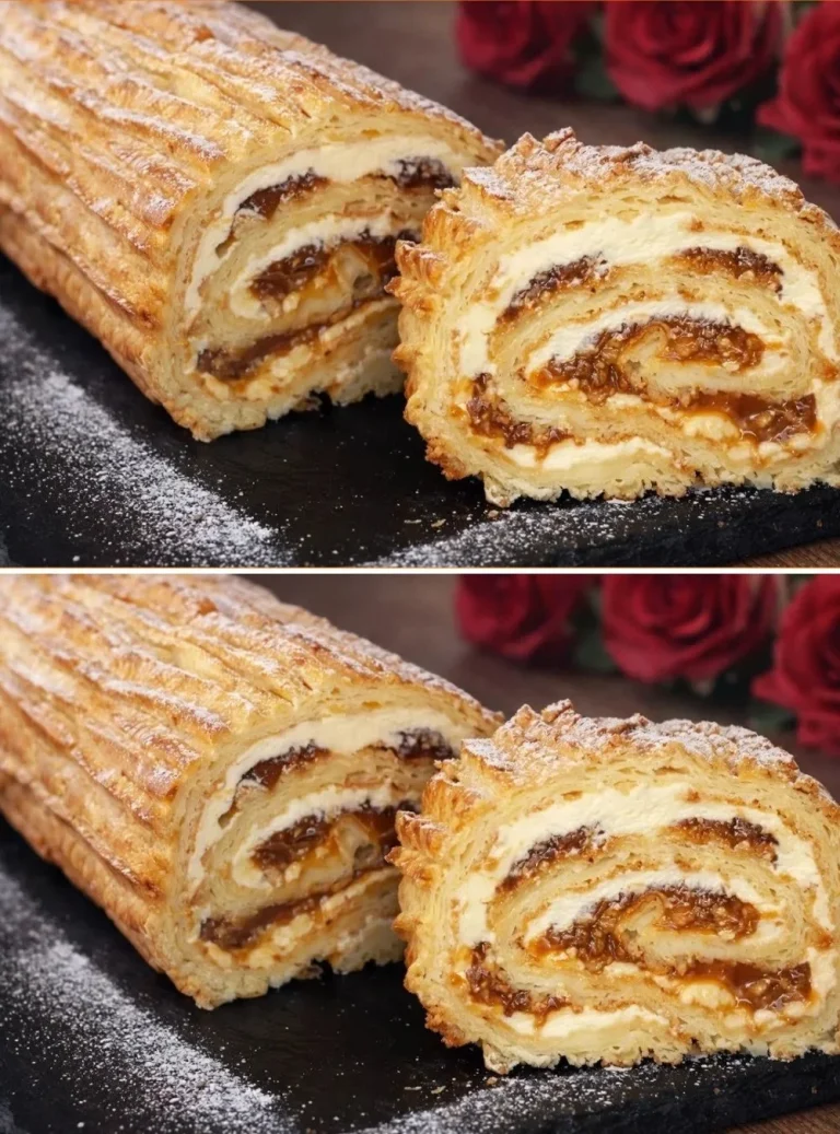 Imagen del pudín enrollado perfecto decorado con frutas y crema