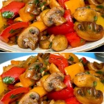 Receta de champiñones fritos con pimientos servidos en un plato