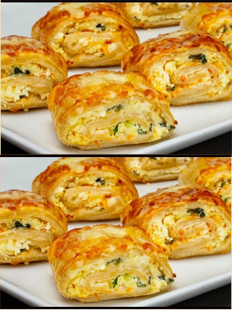 Rollitos de masa de hojaldre rellenos de queso crema dorados y apetitosos.