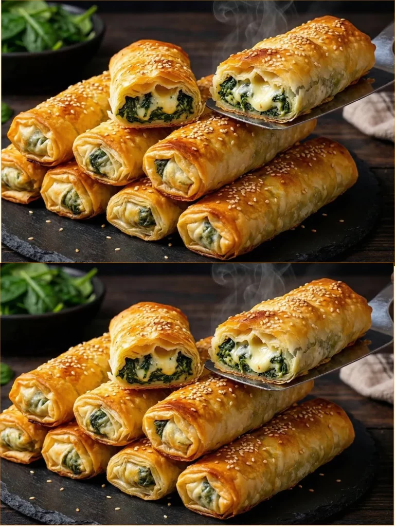 Rollos de espinaca y queso extra crujientes recién horneados