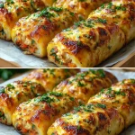 Rollos de patata rellenos de pollo recién horneados y dorados.