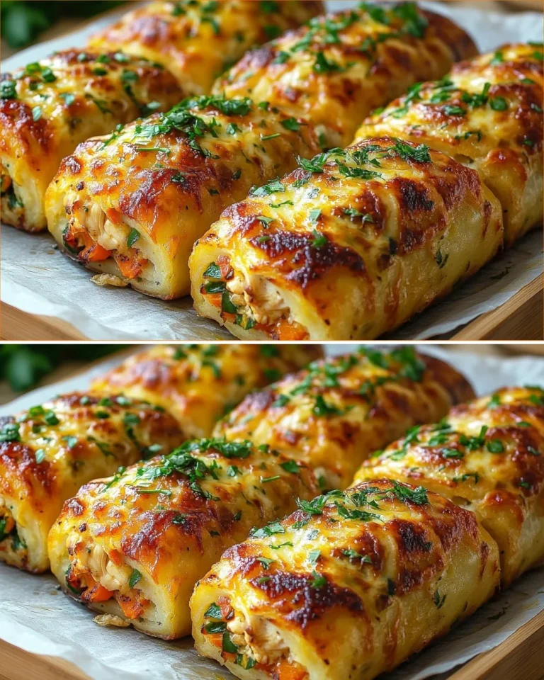 Rollos de patata rellenos de pollo recién horneados y dorados.