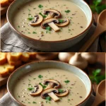 Sopa cremosa de champiñones servida en un tazón blanco