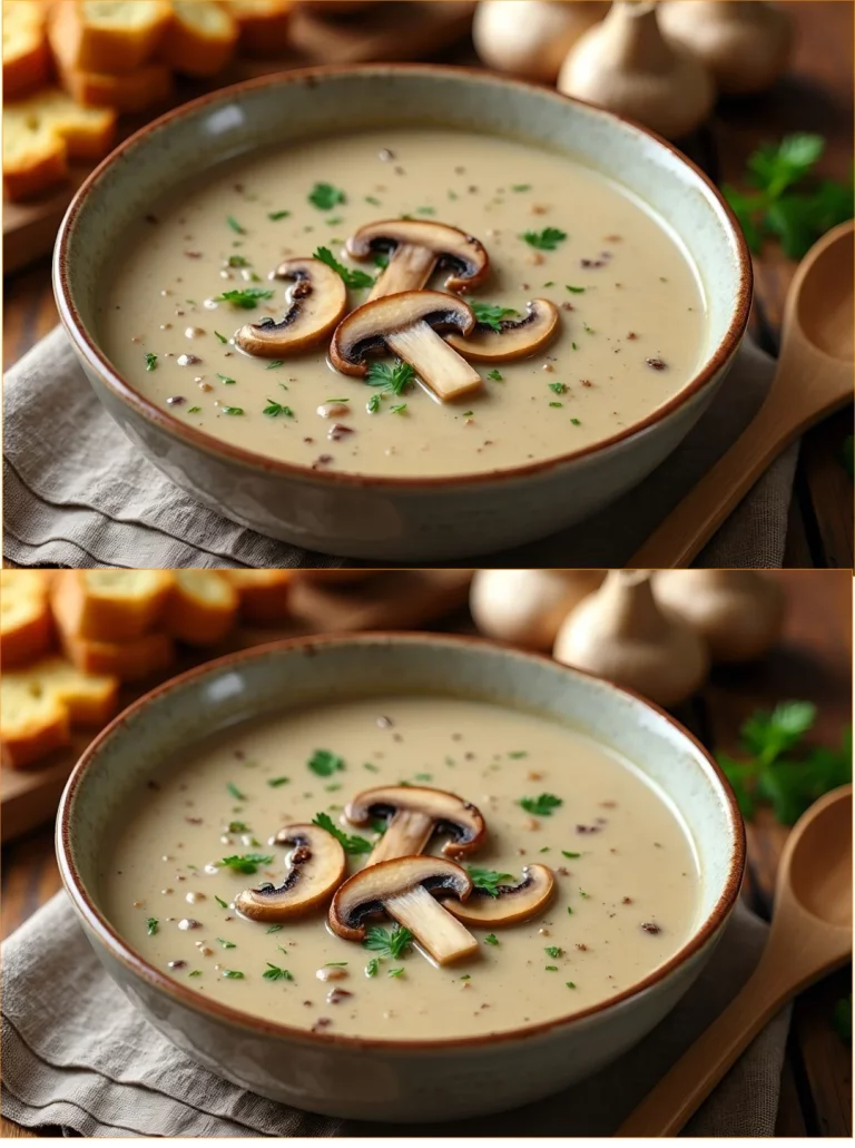 Sopa cremosa de champiñones servida en un tazón blanco