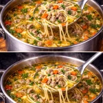 Sopa de carne picada en un plato humeante con verduras frescas