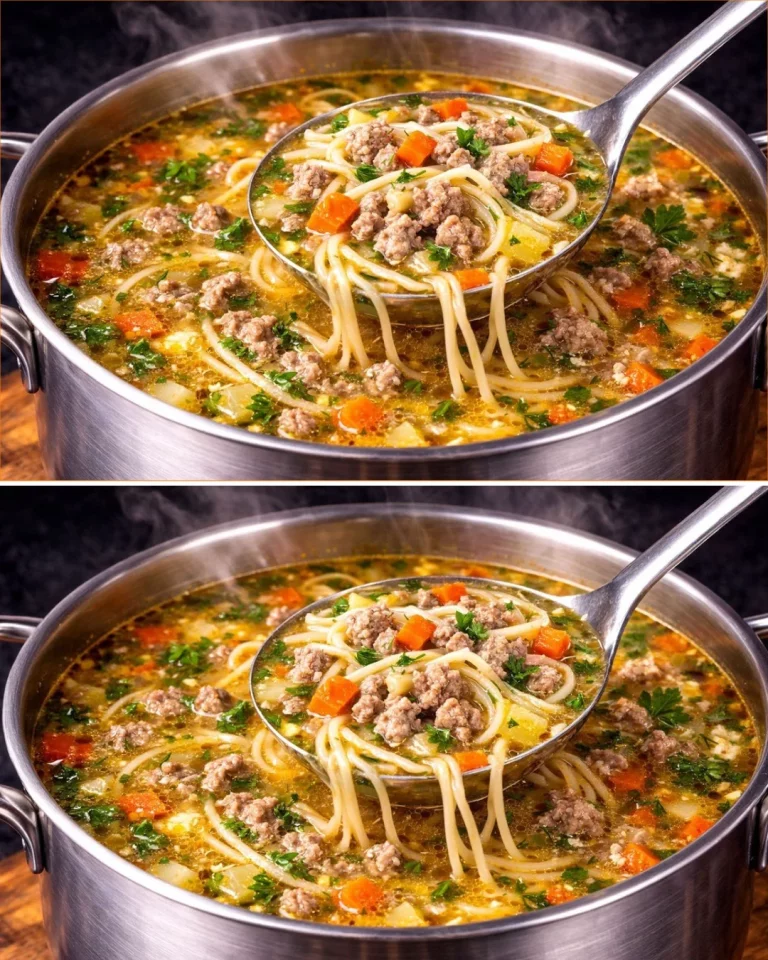 Sopa de carne picada en un plato humeante con verduras frescas