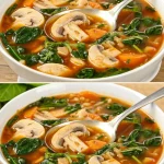 Plato de sopa de champiñones con espinacas, una delicia reconfortante y saludable