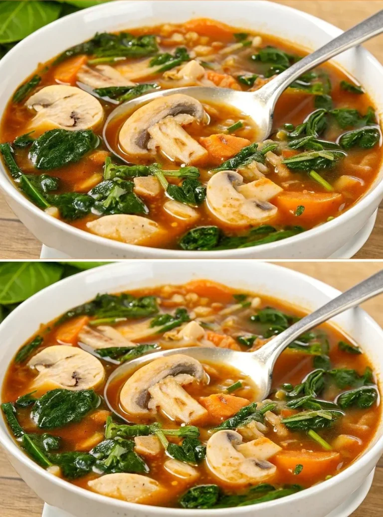 Plato de sopa de champiñones con espinacas, una delicia reconfortante y saludable