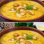 Plato de sopa de garbanzos y champiñones aromatizada con hierbas frescas.