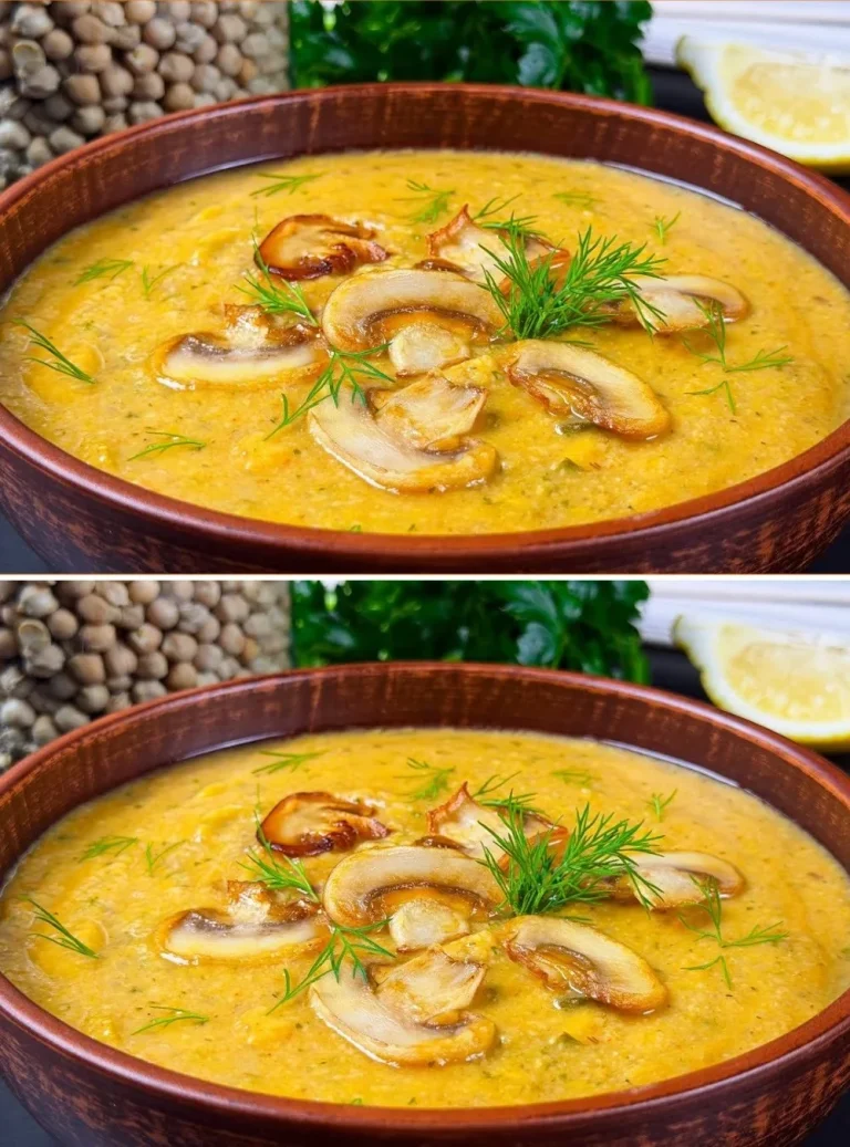 Plato de sopa de garbanzos y champiñones aromatizada con hierbas frescas.