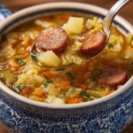 Tazón de sopa de papa y col con ingredientes frescos y sabrosos.