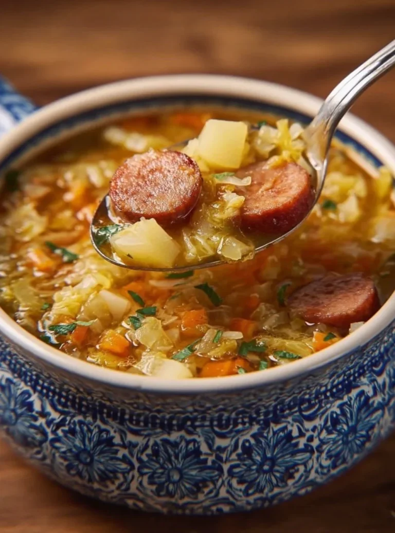 Tazón de sopa de papa y col con ingredientes frescos y sabrosos.