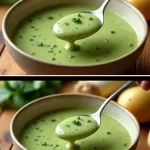 Sopa de puerro y espinaca en un tazón listo para disfrutar.