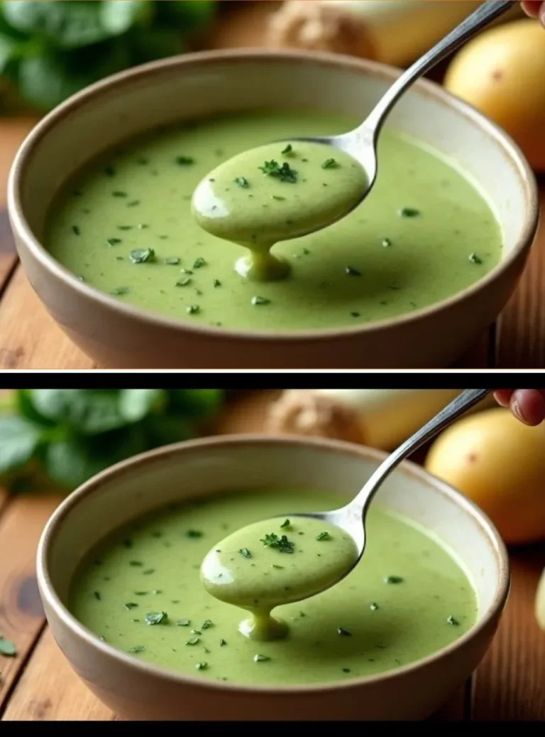 Sopa de puerro y espinaca en un tazón listo para disfrutar.