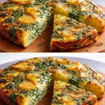 Tarta de espinacas y patatas al horno servida en un plato.