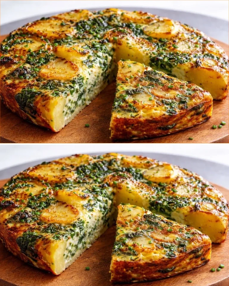 Tarta de espinacas y patatas al horno servida en un plato.