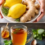 Infusión de té saludable y puro en taza con hojas naturales.