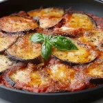 Plato de eggplant parmesan recién horneado y servido con queso derretido