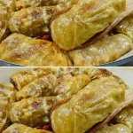 Rollos de col rellenos listos para servir, con carne y arroz sazonados.